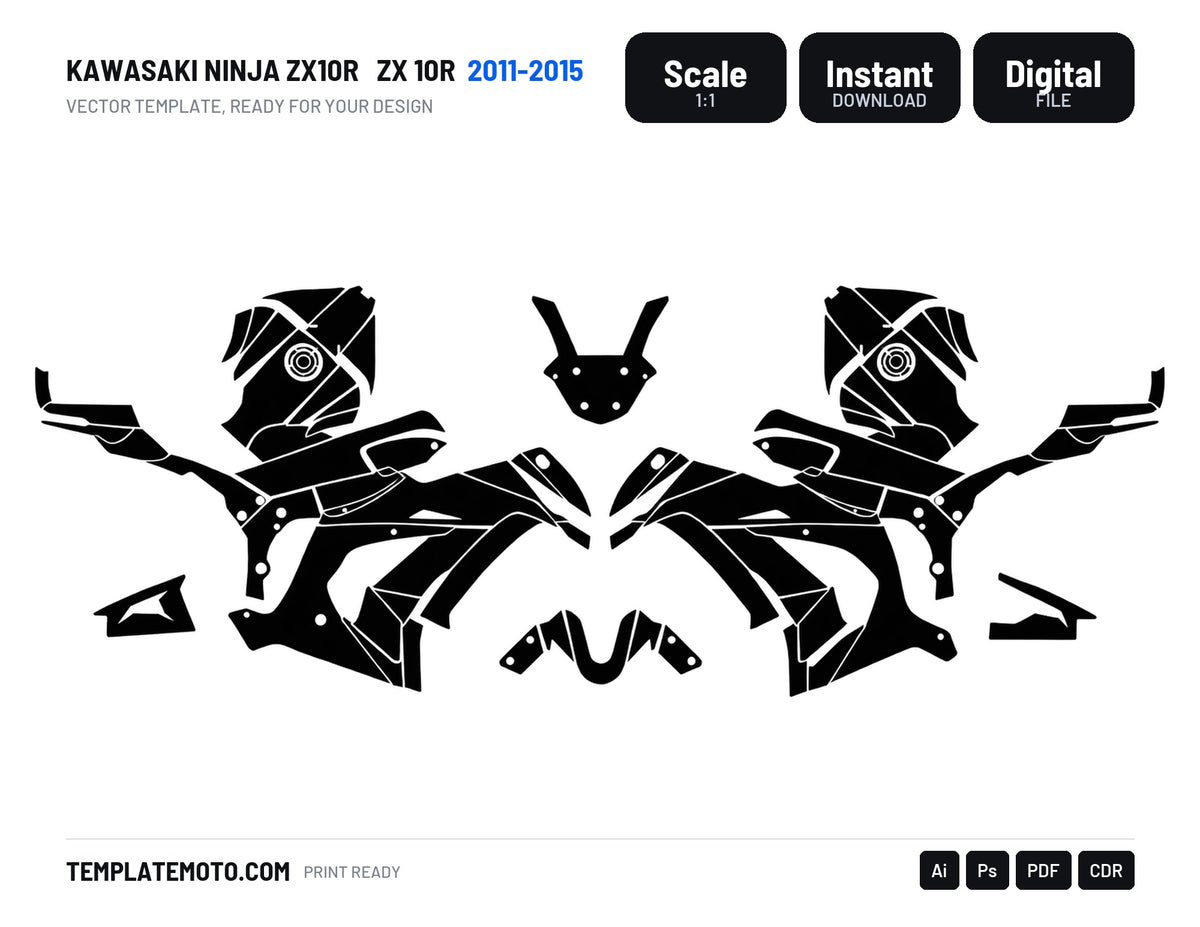 KAWASAKI NINJA ZX10R 2011-2015 ZX 10R Graphics Template Vector, scale 1:1 vector file